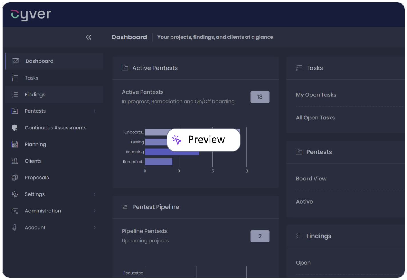Cyver Core dashboard preview - click to see the Pentest Reporting demo